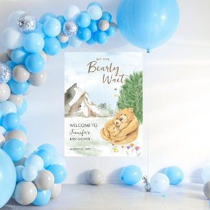 Gentle Beige Woodland Bear Baby Welcome Poster