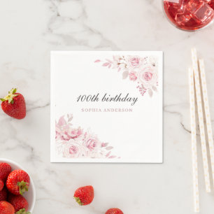 Gentle Blush Elegant Flowers 100th Birthday Party Napkin