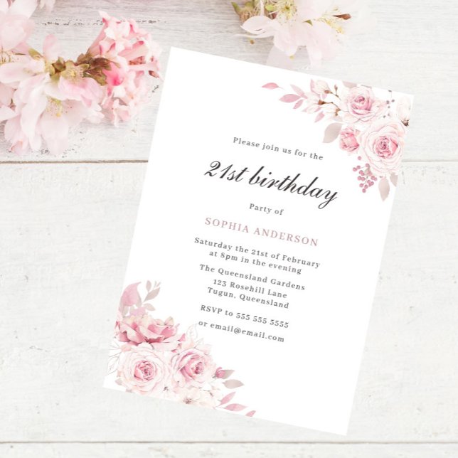 Gentle Blush Elegant Flowers 21st Birthday Party Invitation (Creator Uploaded)