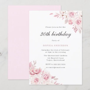 Gentle Blush Elegant Flowers 30th Birthday Party Invitation