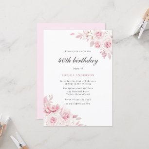 Gentle Blush Elegant Flowers 40th Birthday Party Invitation