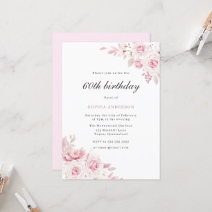 Gentle Blush Elegant Flowers 60th Birthday Party Invitation