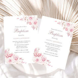 Gentle Blush Elegant Flowers Baby Girl Baptism Invitation