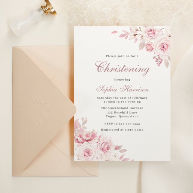 Gentle Blush Elegant Flowers Baby Girl Christening Invitation (Creator Uploaded)