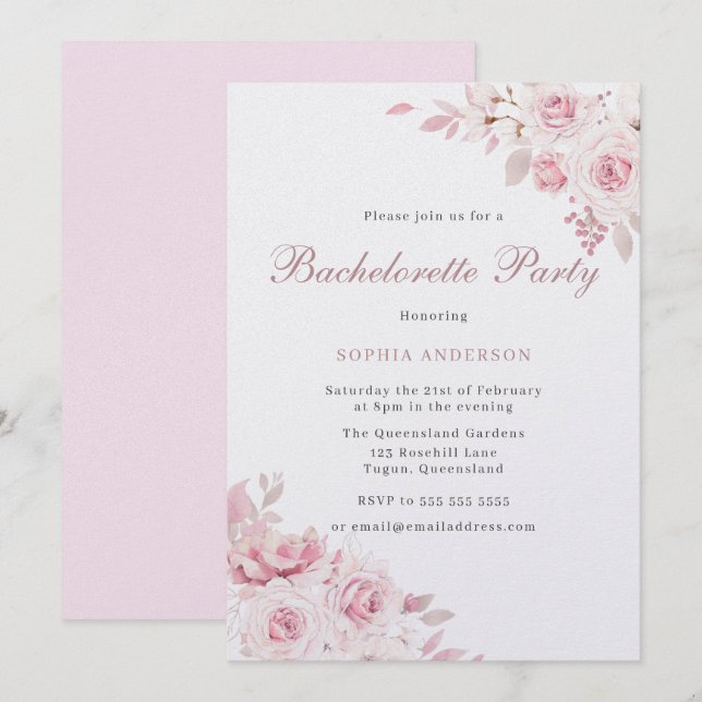 Gentle Blush Elegant Flowers Bachelorette Party Invitation (Front/Back)