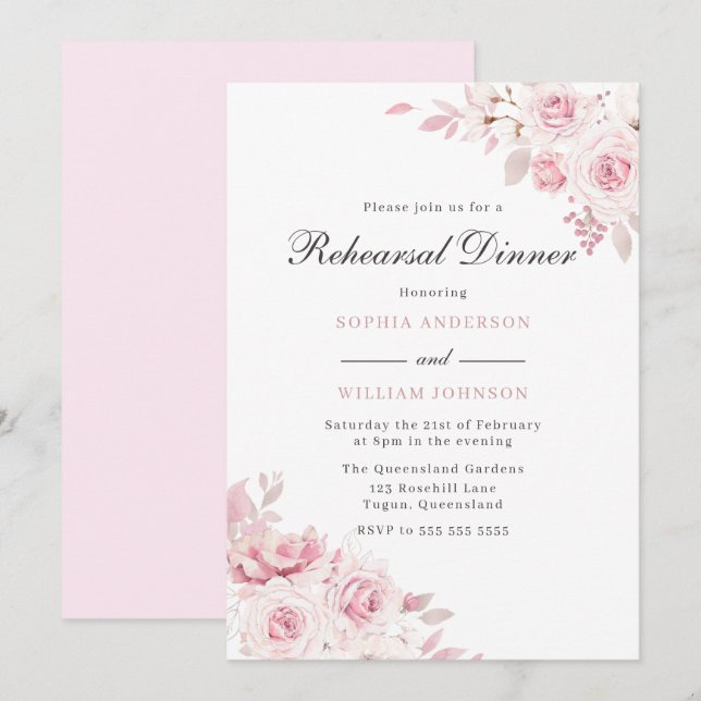 Gentle Blush Elegant Flowers Rehearsal Dinner Invitation (Front/Back)