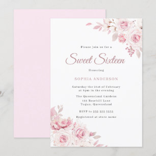 Gentle Blush Elegant Flowers Sweet 16 Party Invitation
