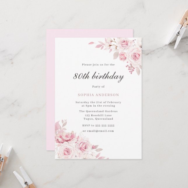Gentle Blush Elegant Flowers Womans 80th Birthday Invitation (Front/Back In Situ)