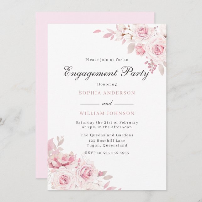Gentle Blush Elegant Watercolor Engagement Party Invitation (Front/Back)