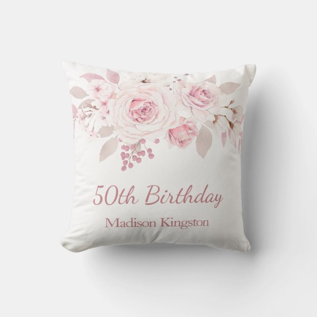 Gentle Blush Pink Floral 50th Birthday Party Gift Cushion (Front)