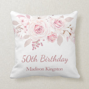 Gentle Blush Pink Floral 50th Birthday Party Gift Cushion