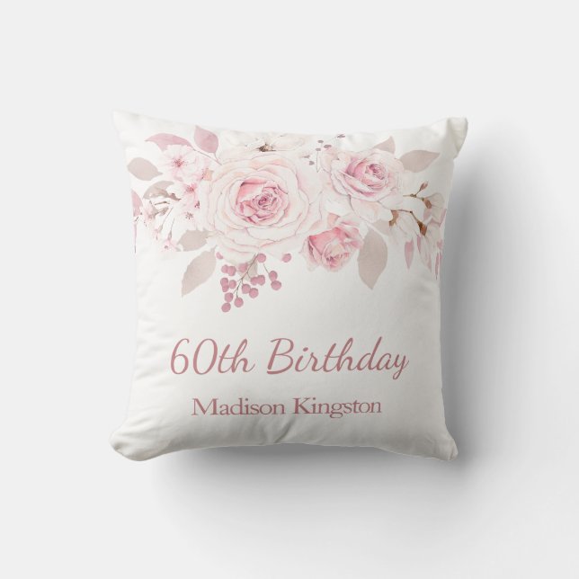 Gentle Blush Pink Floral 60th Birthday Party Gift Cushion (Front)