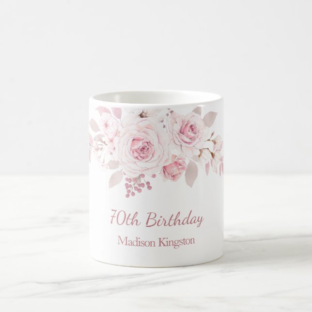 Gentle Blush Pink Floral 70th Birthday Party Gift  Coffee Mug (Center)