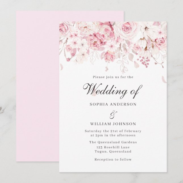 Gentle Blush Pink Roses Elegant Floral Wedding Invitation (Front/Back)