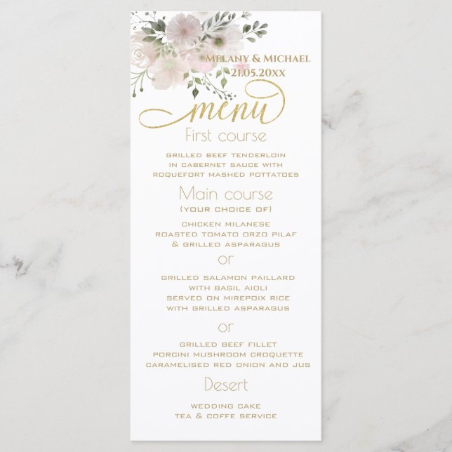 Gentle boho romantic soft pink watercolor floral menu (Front)