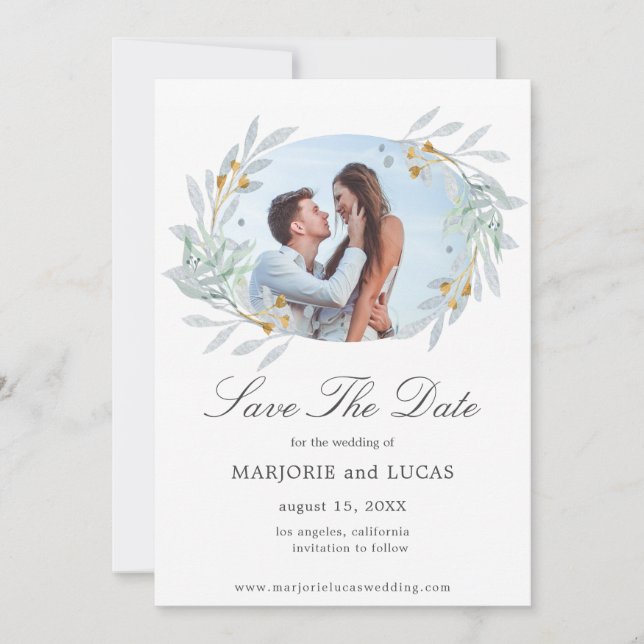 Gentle Botanics Wreath ⎥ Photo Save The Date Card (Front)