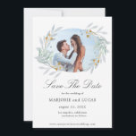 Gentle Botanics Wreath ⎥ Photo Save The Date Card<br><div class="desc">Our gentle botanical collection features light green, teal and gold gentle watercolor foliage paired with golden frames and teal background for a perfectly elegant wedding collection. You can find matching items for your complete wedding experience but also crafts, gifts and some personal items. We believe that you are going to...</div>