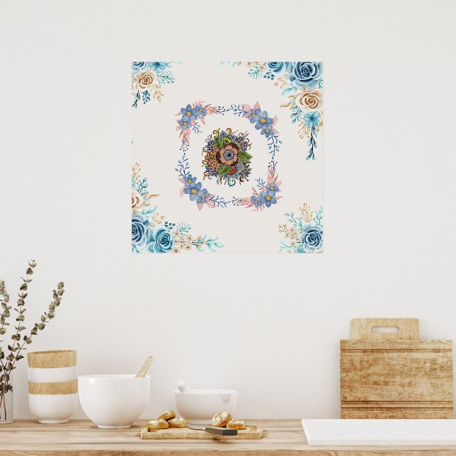 Gentle Calm – Teal and Pink Watercolor Floral Poster (Kitchen)