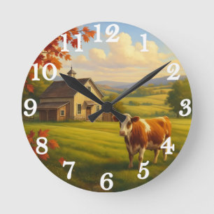 Gentle cow in pastoral countryside round clock