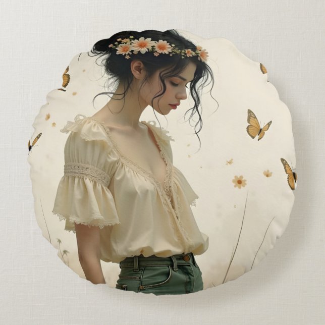 Gentle Elegance in a Butterfly Dance Round Cushion (Front)