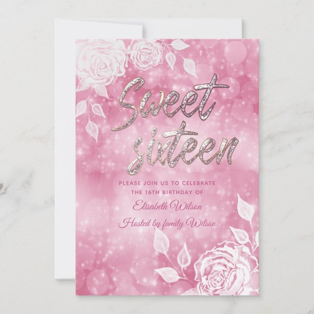 Gentle elegant  bokeh white roses sweet sixteen invitation (Front)