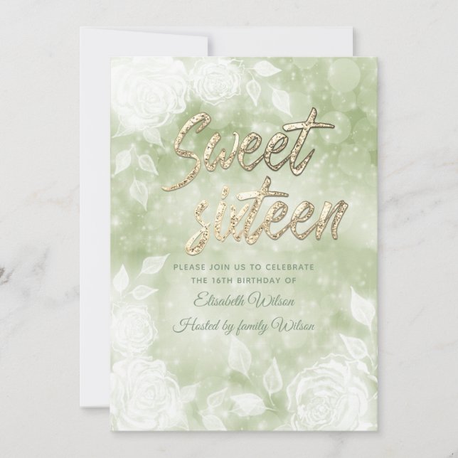 Gentle elegant  bokeh white roses sweet sixteen invitation (Front)