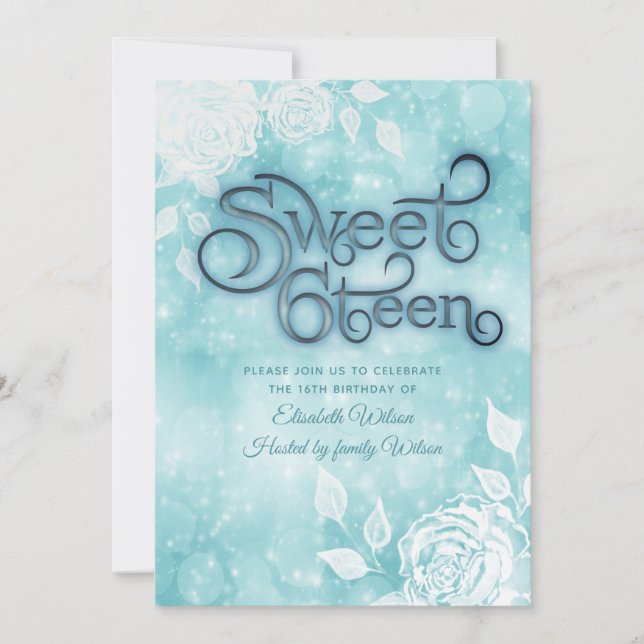 Gentle elegant  bokeh white roses sweet sixteen invitation (Front)