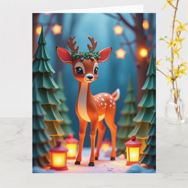 Gentle Fawn in Snowy Woodland Christmas Scene Card (Yellow Flower)