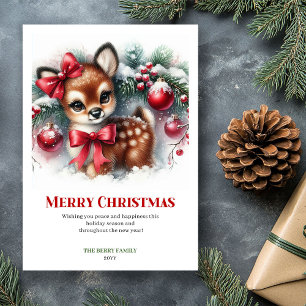 Gentle Fawn Watercolor Snowy Forest Christmas Card