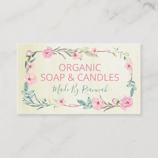 Gentle Floral Beige Handmade Soap And Candles Business Card (Front)