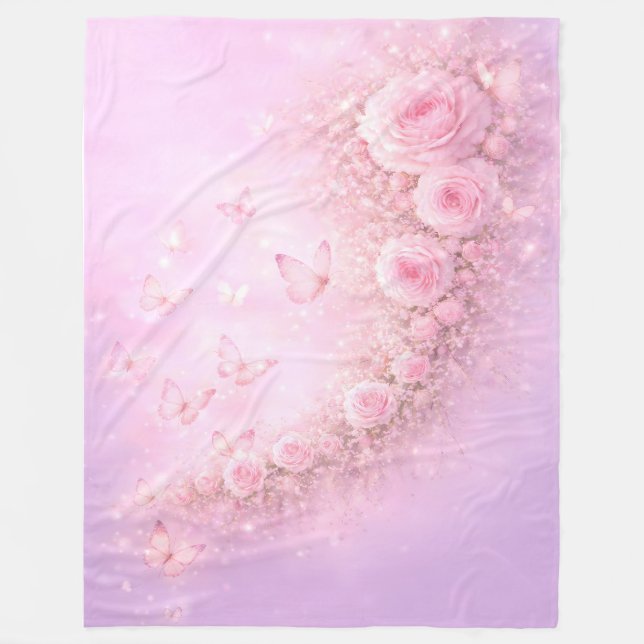 Gentle Floral Pattern – Soft Pink Roses with Soft  Fleece Blanket (Front)