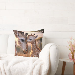 Gentle Giraffe Love: Baby Kissing Mum Cushion