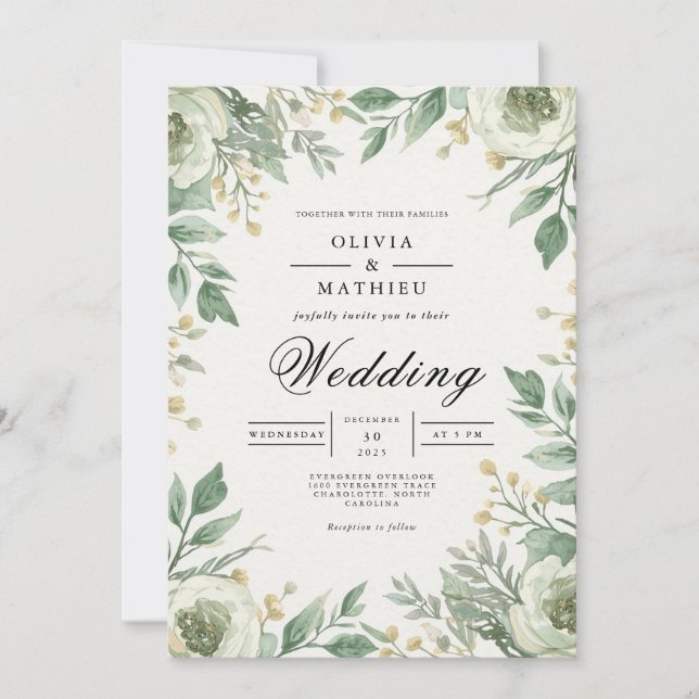 Gentle Green Floral Arch Wedding Invitation (Front)