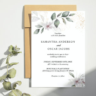 Gentle Greenery Watercolor Leaf & Flower Gold Invitation
