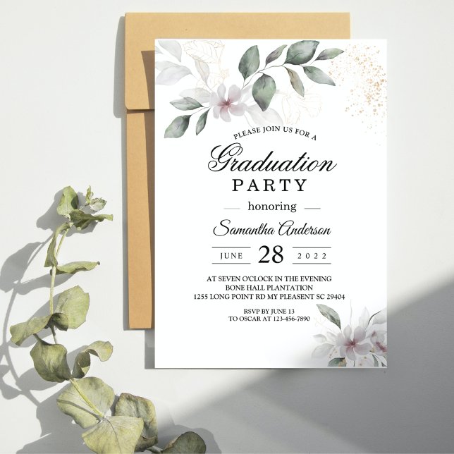  Gentle Greenery Watercolor Leaf & Flower | Gold Invitation (Creator Uploaded)