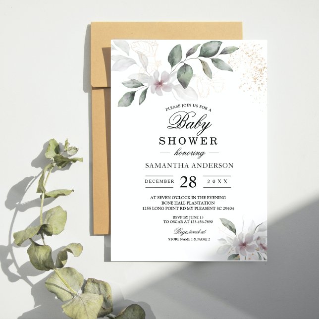  Gentle Greenery Watercolor Leaf & Flower | Gold Invitation (Creator Uploaded)