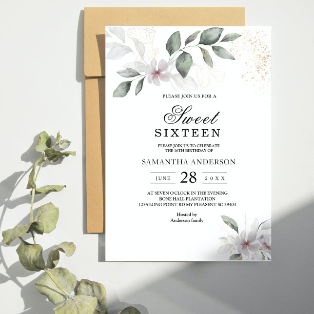  Gentle Greenery Watercolor Leaf & Flower | Gold Invitation (Creator Uploaded)