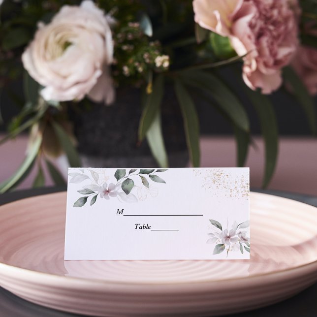  Gentle Greenery Watercolor Leaf & Flower | Gold Place Card (Creator Uploaded)