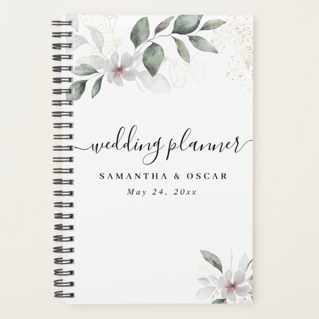  Gentle Greenery Watercolor Leaf & Flower | Gold Planner (Front)