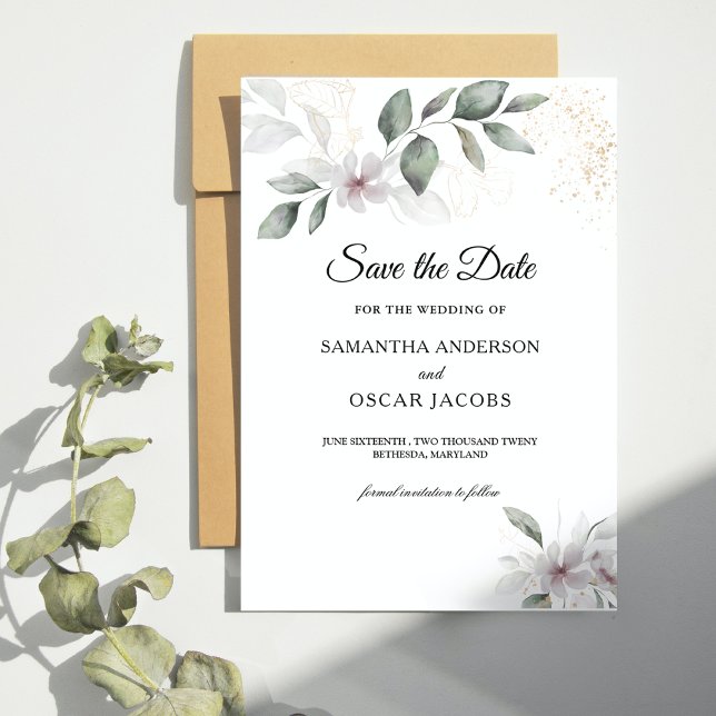  Gentle Greenery Watercolor Leaf & Flower | Gold Save The Date (Creator Uploaded)