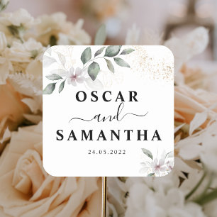 Gentle Greenery Watercolor Leaf & Flower   Gold Square Sticker