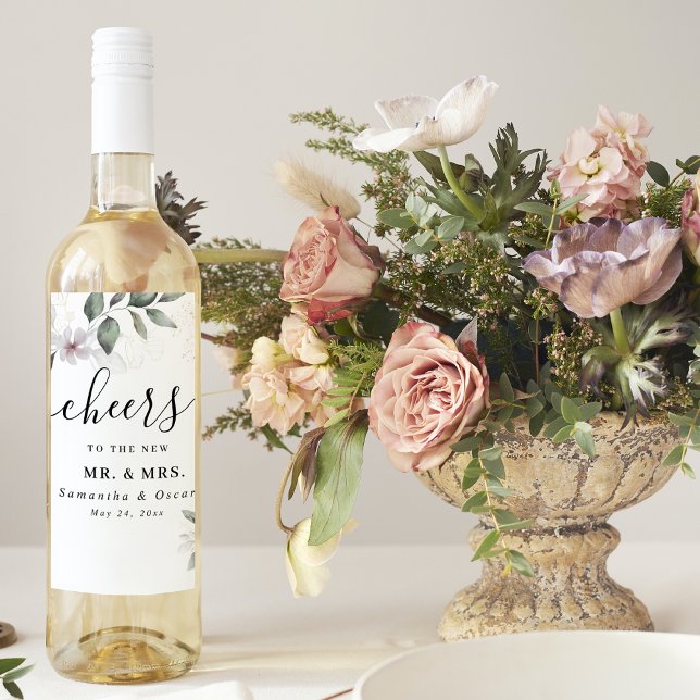  Gentle Greenery Watercolor Leaf & Flower | Gold Wine Label (Creator Uploaded)