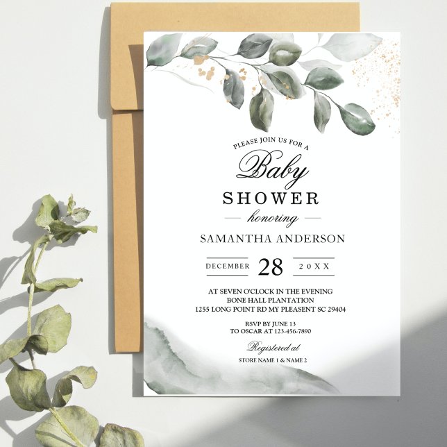  Gentle Greenery Watercolor Leaf | Gold Dust | Invitation (Creator Uploaded)