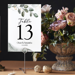 Gentle Greenery Watercolor Leaf Gold Dust Table Number