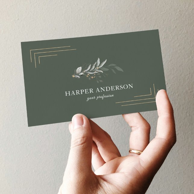  Gentle Greenery Watercolor Leaf | Gold Frame Business Card (Creator Uploaded)