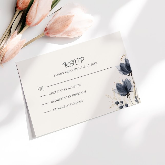 Gentle Grey Flowers Wedding RSVP Card (Gentle Gray Flowers Wedding RSVP Card on a white table)