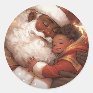 "Gentle Guardian: Black Santa and Peaceful Baby" Classic Round Sticker