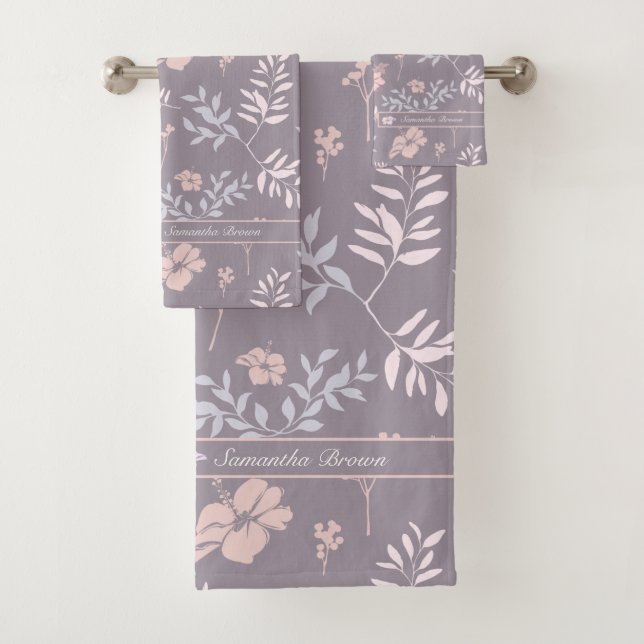 Gentle Lavender & Pink Floral Pattern Personalised Bath Towel Set (Insitu)