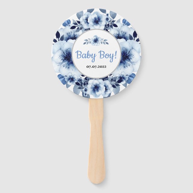 Gentle Light Blue Flower Watercolor Baby Shower  Hand Fan (Front)