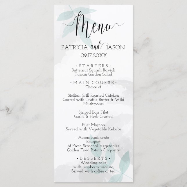 Gentle mint and grey Wedding Dinner Menu (Front)